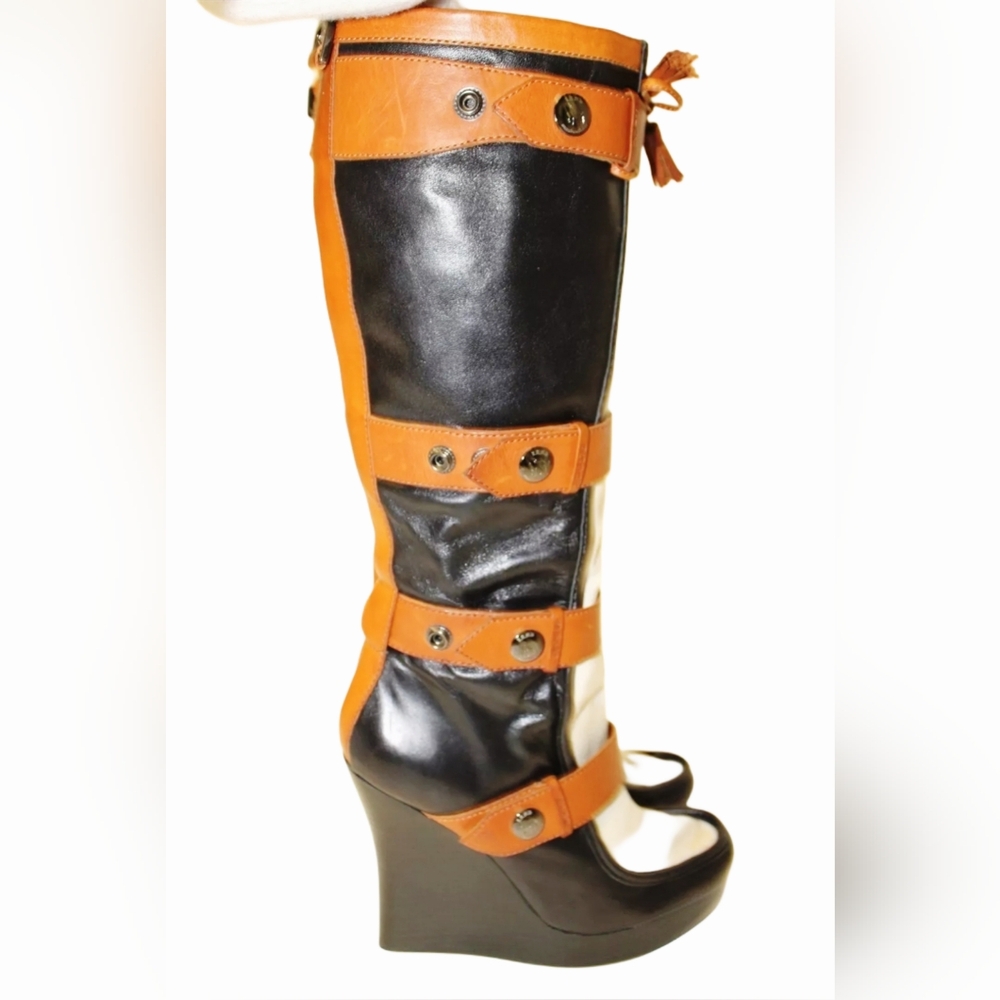 L.A.M.B. Baby  7.5 39 Leather Wedge Strap Knee High Boots - Picture 7 of 15